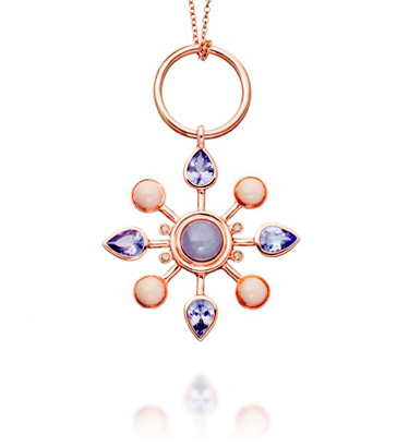 Colourburst Pendant - 14 karat pink gold, tanzanite, lavender jade, cognac diamonds and enamel, 35mm